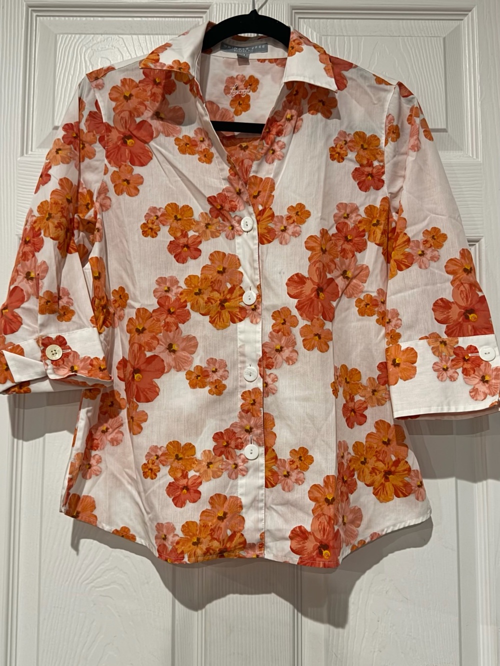 Foxcroft White Button-Front Blouse with Orange Floral Print